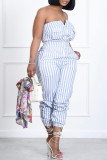 Blauwe sexy casual gestreepte print backless strapless skinny jumpsuits