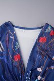 Donkerblauwe casual print-patchwork-jurken met V-hals en lange mouwen