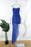 ブルーパーティーフォーマルパッチワークソリッドスパンコールパッチワークスパンコールメッシュソリッドカラーストラップレスイブニングドレスドレス