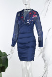 Kaki Casual Print Patchwork V-hals långärmade klänningar