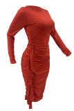 Red Elegant Solid Patchwork Flounce Slit Fold O Neck Long Sleeve Plus Size Dresses
