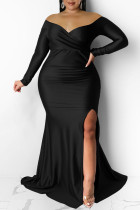 Robe de soirée noire sexy, couleur unie, dos nu, fente, col en V, robes de grande taille