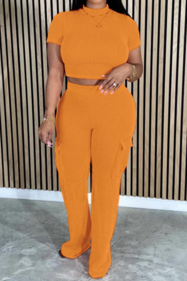 Orange Casual Solid Basic Half A Turtleneck Short Sleeve Two Pieces Crop Tops And Cargo Pants Sets