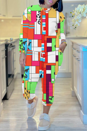 Multicolor Casual Stampa Basic O Collo Manica lunga Due pezzi