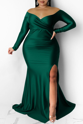 Green Sexy Formal Solid Backless Slit V Neck Evening Dress Plus Size Dresses
