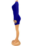 Blaue sexy lässige Patchwork-Kleider mit V-Ausschnitt und langen Ärmeln