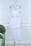 White Sexy Casual Daily Elegant Simplicity Fold Solid Color Off the Shoulder Sleeveless Two Pieces