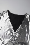 Черные повседневные однотонные лоскутные платья больших размеров с разрезом и V-образным вырезом с длинным рукавом