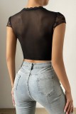 Rose Red Sexy Casual Solid Hollowed Out See-through O Neck Tops