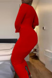 Röda Casual Solid Basic fyrkantig krage långärmade klänningar