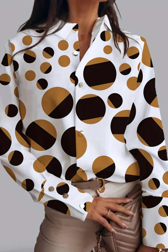 Orange Casual Geometric Patchwork Buckle Shirt Collar Plus Size Tops