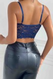 Tibetan Blue Sexy Casual Solid Patchwork Backless Spaghetti Strap Tops