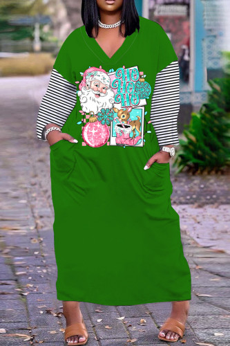 Green Pink Casual Print Santa Claus Patchwork V Neck Long Dress Dresses