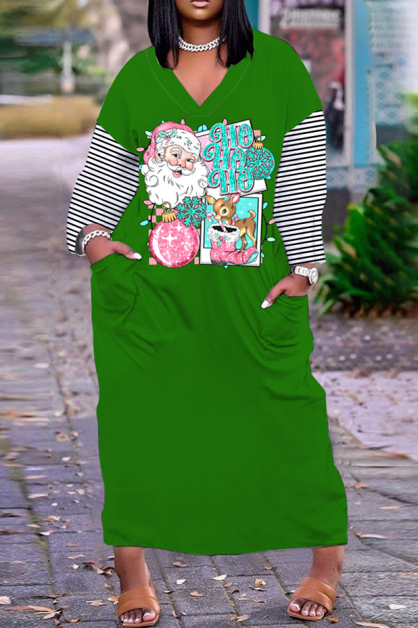 グリーン ピンク カジュアル プリント サンタ クロース パッチワーク V ネック ロング ドレス ドレス