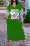 グリーン カジュアル プリント サンタ クロース パッチワーク V ネック ロング ドレス ドレス