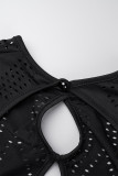 Svart sexig solid urholkad lapptäcke Genomskinlig O-hals Skinny Jumpsuits