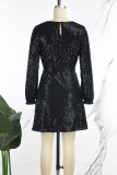 Champagne Casual Patchwork Sequins O Neck Long Sleeve Dresses