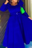 ロイヤルブルー カジュアル ソリッド ベルト付き スクエアカラー 長袖ドレス