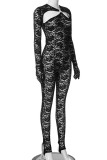Black Sexy Solid Hollowed Out See-through O Neck Skinny Jumpsuits