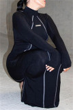 ブラック カジュアル ソリッド パッチワーク スリット タートルネック ロング ドレス ドレス
