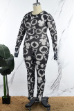 Black Casual Print See-through O Neck Plus Size Jumpsuits