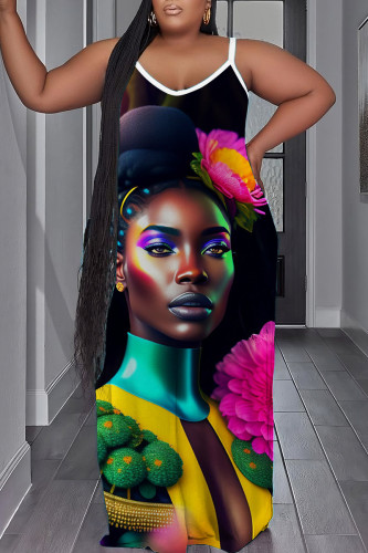 Black Sexy Casual Print Backless Spaghetti Strap Long Dress Plus Size Dresses