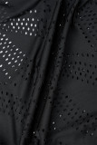 Combinaisons noires sexy, couleur unie, ajouré, patchwork transparent, col rond, slim