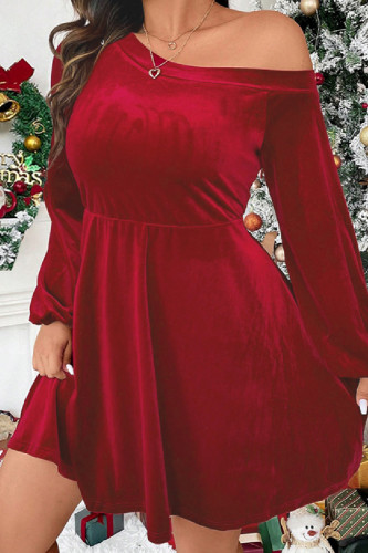 Burgundy Casual Solid Basic Oblique Collar Long Sleeve Dresses