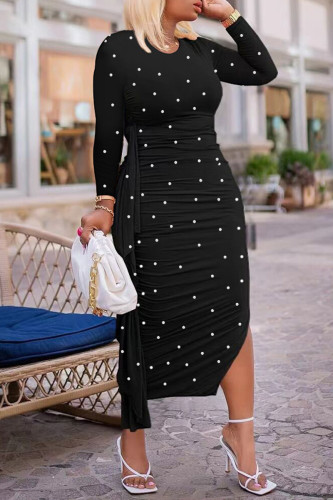 Black Casual Dot Print Patchwork Fold O Neck Long Sleeve Dresses