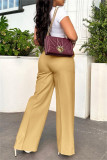 Pantalones de color sólido convencionales de cintura alta regulares con bolsillo de parches lisos casuales amarillo tierra
