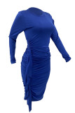 Синие элегантные однотонные лоскутные платья с воланами и разрезом, круглым вырезом и длинным рукавом, платья больших размеров