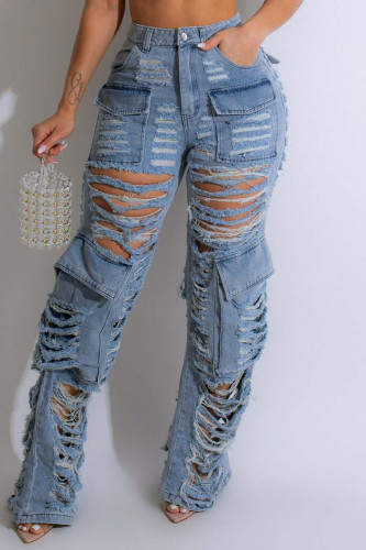 Light Blue Casual Solid Ripped Hollowed Out High Waist Skinny Denim Jeans (Subject To The Actual Object)