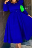 グリーン カジュアル ソリッド ベルト付き スクエアカラー 長袖 ドレス
