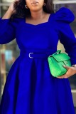 Kungsblå Casual Solid med bälte fyrkantig krage långärmade klänningar
