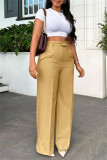 Pantalones de color sólido convencionales de cintura alta regulares con bolsillo de parches lisos casuales amarillo tierra
