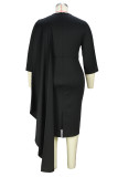 Black Elegant Solid Patchwork Zipper O Neck Wrapped Skirt Plus Size Dresses