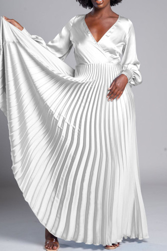 White Elegant Solid Patchwork Pleated V Neck A Line Dresses