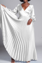 Weiße, elegante, solide Patchwork-Kleider in A-Linie mit plissiertem V-Ausschnitt