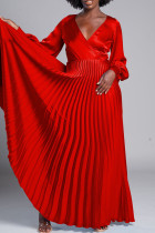 Rote, elegante, solide Patchwork-Kleider in A-Linie mit plissiertem V-Ausschnitt