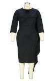 Black Elegant Solid Patchwork Zipper O Neck Wrapped Skirt Plus Size Dresses