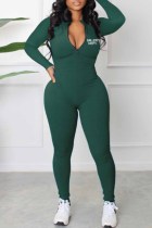 Grüne Jumpsuits im Sportswear-Print mit Buchstaben und Reißverschlusskragen
