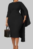 Noir élégant solide Patchwork fermeture éclair col rond jupe enveloppée robes de grande taille