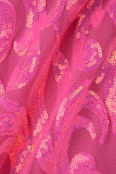 Vestidos de saia enrolados com decote em V, sexy, rosa, bandagem floral, lantejoulas, patchwork, costas nuas