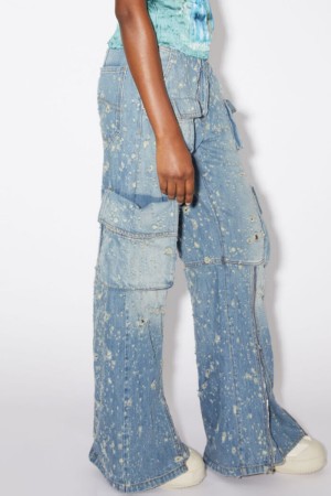 Blue Casual Solid Patchwork High Waist Regular Ripped Cargo Denim Jeans