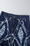 Blaue, sexy, einfarbige, zerrissene, Patchwork-Jeans mit Knöpfen, Reißverschluss, hoher Taille und Boot-Cut-Denim