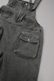 Schwarze, lässige, solide Patchwork-Taschenknöpfe, ärmellose, lockere Denim-Overalls mit hoher Taille