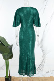 Green Casual Patchwork Sequins V Neck Evening Dress Dresses