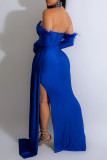 Blauwe sexy formele effen patchwork backless split strapless lange jurk jurken
