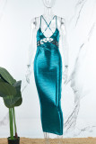 Blauwe sexy effen uitgeholde rugloze lange jurk met spaghettibandjes