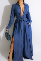 Blauwe straat bandage patchwork gesp hoge opening kraag lange jurk jurken